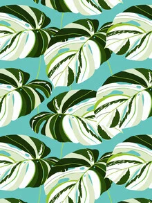 Illustration featuring Monstera leaves in soft blue tones, creating a harmonious pattern.