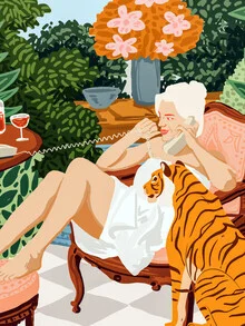 Wall art by Uma Gokhale: cheerful scene with a woman and a tiger in a tropical setting