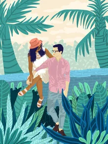 Wall art depicting a loving couple scene in a tropical forest