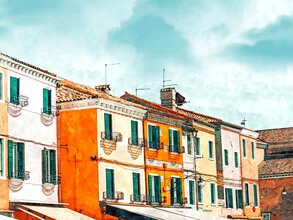 Wall art by Uma Gokhale: colorful houses on Burano under a bright blue sky.