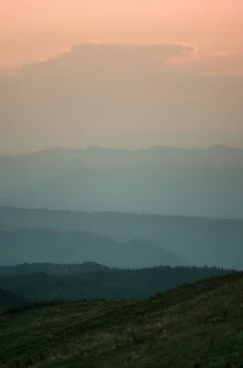Photo art by AJ Schokora: gentle layers of mountains at dusk