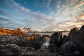 Photo art by Sebastian Worm: coastal landscape with midnight sun in Norway