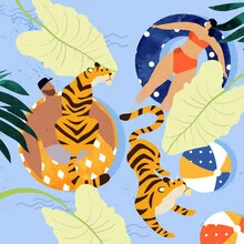 Illustration by Uma Gokhale: Summer pool atmosphere with people playing joyfully.