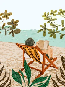 Wall art by Uma Gokhale: relaxed reading scene on the beach with plants and sea