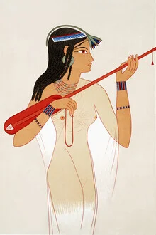 Illustration eines Mandore-Spielers in ägyptischer Kulisse, sanfte Farben und nostalgische Stimmung