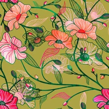 Wall art featuring a floral pattern with green blooms and leaves, harmonious and vibrant.