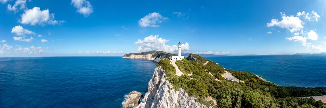 Photo art: Drone view of Lefkada lighthouse by a turquoise coastline