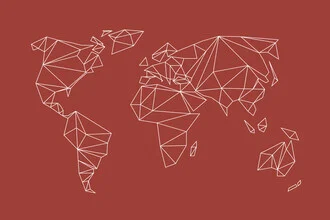 Geometric world map in earthy red tones, soft colors and clear lines.