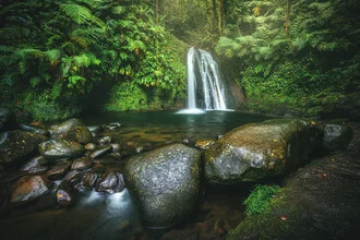 Waterfall in Guadeloupe: gently flowing water between lush rocks