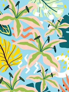 Wall art featuring colorful plant patterns, evoking a cheerful summer mood.