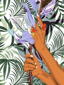 Illustration by Uma Gokhale featuring a woman surrounded by vibrant tropical plants.