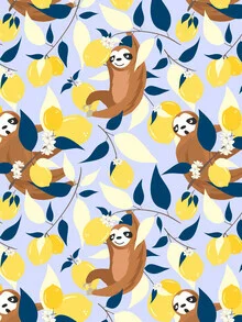 Wall art by Uma Gokhale: sloth in a colorful jungle with lemons