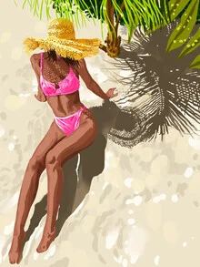 Wall art of a relaxed woman on the beach under palm trees