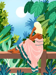 Illustration by Uma Gokhale: a calm forest scene illuminated by moonlight