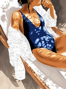 Illustration of a woman at the beach, surrounded by tropical plants and sunlight.