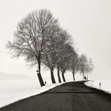 Black and white photo art: calm winter road with trees in the distance