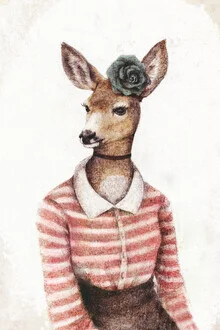 Illustration by Mike Koubou: a funny deer with human traits in a winter setting
