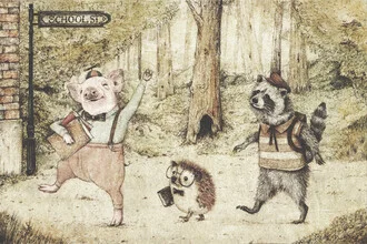Illustration of a hedgehog and a piglet in a forest, exuding a cheerful mood.