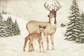 Wall art by Mike Koubou: cheerful deer family in a winter forest