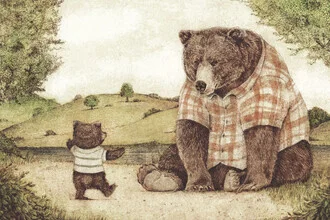 Illustration von Mike Koubou: fröhlicher Vater mit seinen Kindern in der Natur.