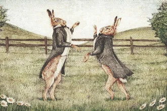 Wall art by Mike Koubou: two fighting rabbits in a playful scene