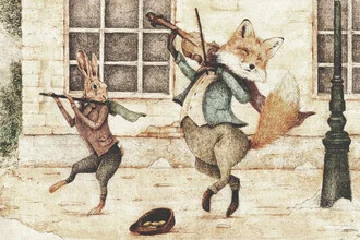 Wall art featuring funny street musicians from Greece depicted as animals.