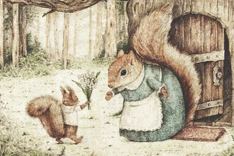 Illustration of a playful squirrel with a child in the woods