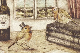 Wandbild mit einem lustigen Vogel, der eine herzliche Botschaft verbreitet.