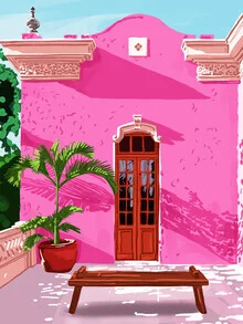 Wall art featuring a pink building in a tropical style with colorful palm trees.