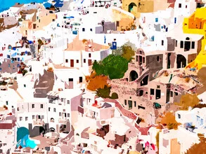 Wall art featuring colorful watercolors by Uma Gokhale, inspired by architectural cities.