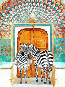 Wall art featuring colorful stripes and animals, captured in a vibrant watercolor style.