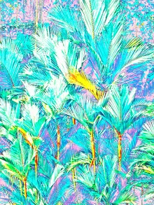 Wall art by Uma Gokhale: colorful palms in a jungle, warm and inviting atmosphere