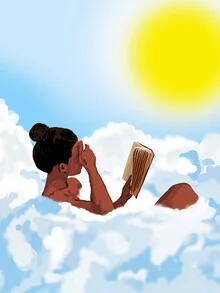 Wall art featuring a reader on clouds, surrounded by a gentle sky mood.