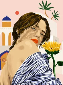 Illustration of a woman in front of Moroccan architecture in vibrant colors