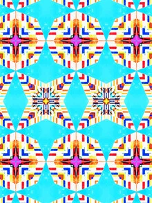 Wall art featuring a colorful, geometric pattern of exotic tiles