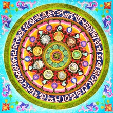Colorful mandala combining chakra symbols in a harmonious design