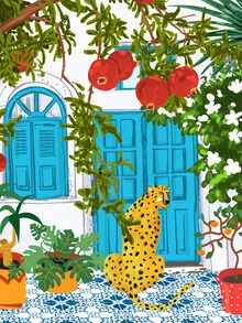 Illustration of a cheetah in an urban jungle, calm and vibrant atmosphere.