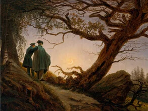 Illustration by Caspar David Friedrich: two men contemplate the moon at night.
