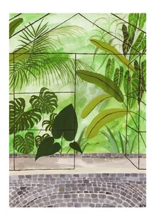 Illustration by Rachel Hillis: greenhouse with tropical plants and monstera.