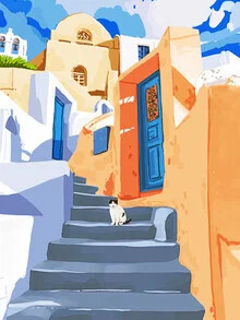 Wall art featuring a cat against the backdrop of Greek architecture in vibrant colors.