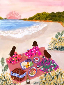 Illustration eines Strandpicknicks bei Sonnenuntergang mit einem ruhigen Meer.