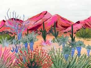 Illustrierte Wüste mit rosa Bergen und Kakteen, sanfte Farben und ruhige Stimmung.