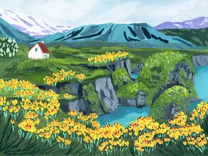 Illustration by Sarah Gesek: picturesque landscape with yellow flowers in Arnarstapi