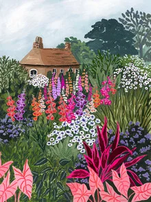 Illustration eines üppigen Gartens mit bunten Blumen und sanften Grüntönen