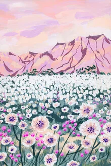 Wall art featuring soft pink mountains and blooming plants in a desert landscape