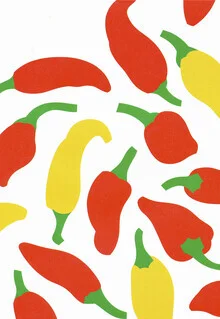 Colorful illustration of red and yellow peppers on a neutral background.