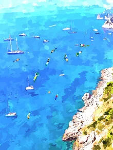 Wall art by Uma Gokhale: colorful depiction of Capri Island with a tropical vibe