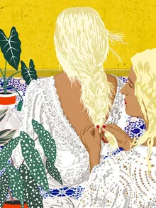 Colorful wall art by Uma Gokhale: two women with braids in a loving moment