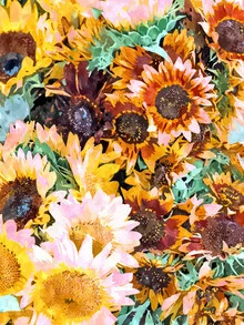 Wall art featuring vibrant sunflowers in a summer garden, soft colors and cheerful mood.