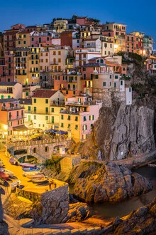 Colorful houses in Manarola gently nestled on the rocky coast.